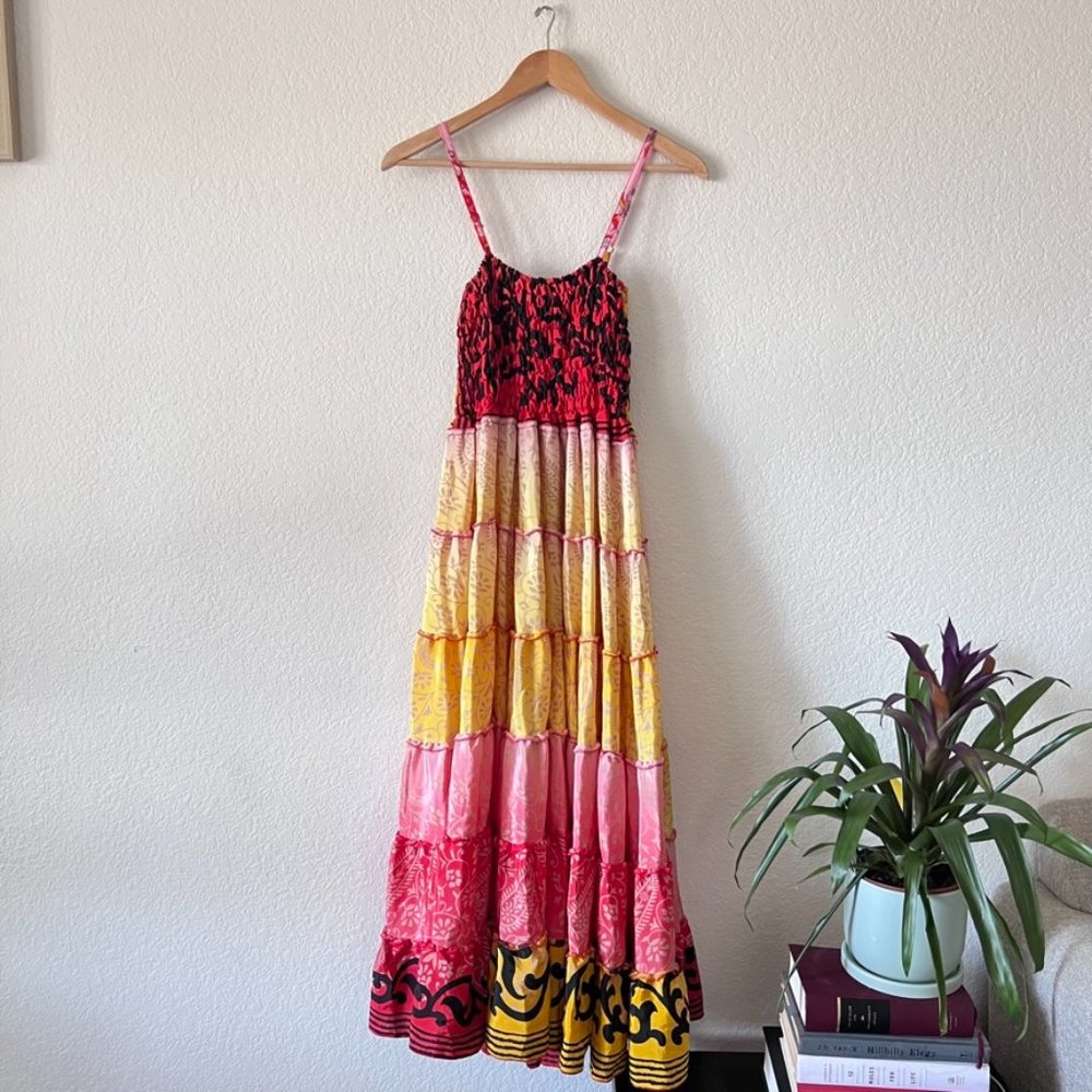 Hawaiian 100% Silk Patchwork Ruffle Tiered Multicolor Dress One Size